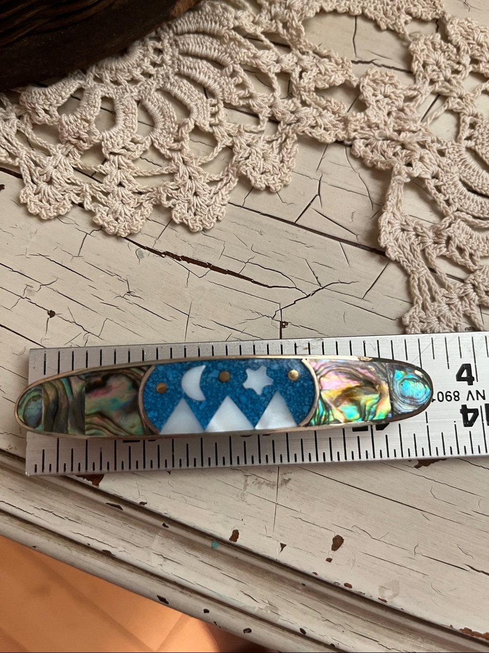 Handmade Abalone and Turquoise Inlay hair barrette- White and Blue Design - Picture 6 of 6
